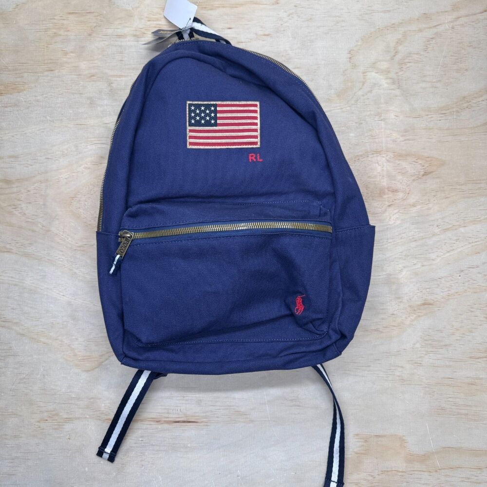NEW Ralph Lauren Flag Canvas Backpack Newport Navy Blue Laptop Sleeve
